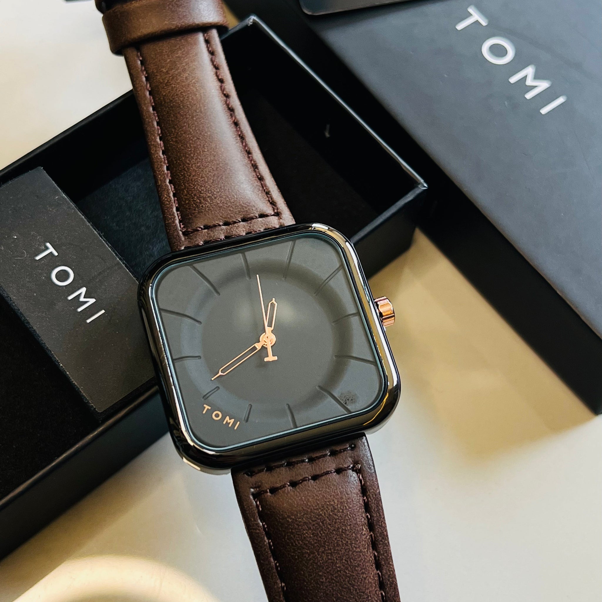 Coffee Black Square Dial Watch